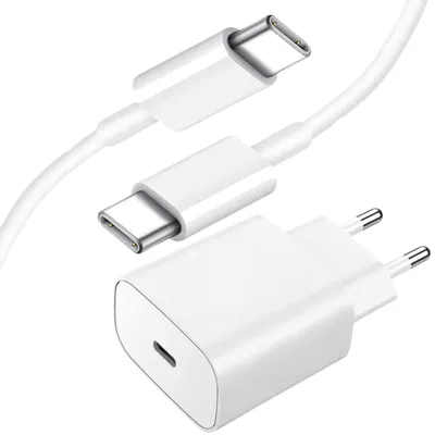 Produktbild von Schnellladegerät 25W Netzteil Adapter USB-C mit 1 meter USB-C zu USB-C Schnellladekabel in weiß für Samsung Apple Google Xiaomi