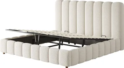 Produktbild von Flieks Hydraulisches Polsterbett 200x200cm mit Lattenrost, Stauraumbett Hydraulikbett mit gepolstertem Kopfteil, Doppelbett Bouclé, Beige