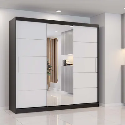 Schwebetürenschrank mit Spiegel in Schwarz/Weiß
Breite:	233 cm
Höhe: 218 cm	
Tiefe: 61 cm