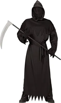 A person wearing a Grim Reaper costume holding a scythe.