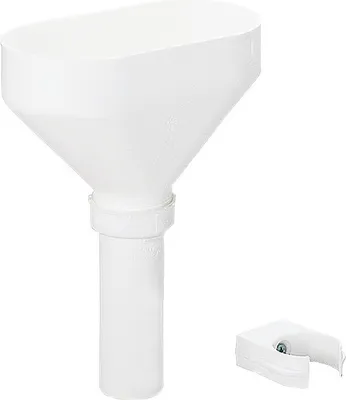 A white plastic funnel with a cylindrical extension and a small white clip accessory.