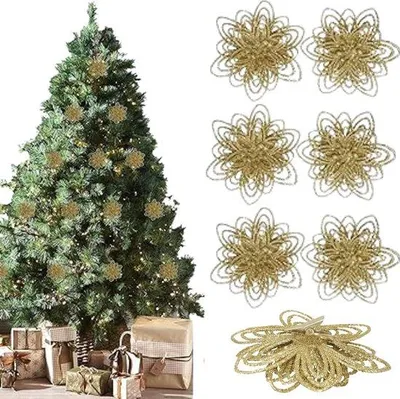 Produktbild von Weihnachtsglitter Blumen - Weihnachtsdekoration - Baumdekoration - mit Clips - 6 Stück - Gold
