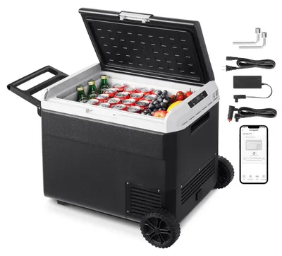 Produktbild von Elektrische Kompressor Kühlbox 60 L - Tragbare Auto Kühlbox / Mini Kühlschrank - 12/24 V DC & 100-240 V AC - Gefrierfunktion bis -20 °C - Mit Rollen und Griff - Für Auto Wohnmobil Camping