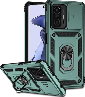 Image de Etui pour Xiaomi 11T / 11T Pro étui double couche avec couvercle coulissant pour l'appareil photo et anneau de support vert