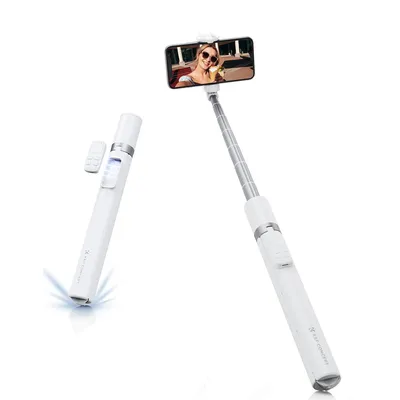 Produktbild von Selfie-Stick mit automatischem Aus- und Einklappen, 360° drehbar, ausziehbares 200mAh Stativ, für Smartphones, weiß