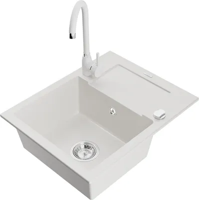 Obrázek produktu pro Mexen Enzo 1-miskový granitový dřez s odkapávačem a kuchyňskou baterií Telma, Bílá - 6506-20-670200-20
