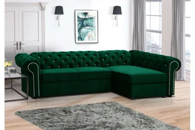 Obrázek produktu pro Rohová pohovka FURMEB 24 SWAROWSKI MAXI, pravostranná, s možností rozložení na lůžko, rozměry 280x180 cm, prošívaná, s diamantovým vzorem, ZELENÁ