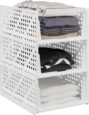 Image de Lot de 3 rangements pour armoire Relaxdays, boîtes de rangement empilables pour armoire, 18 x 33,5 x 43,5 cm, coulissantes, blanches