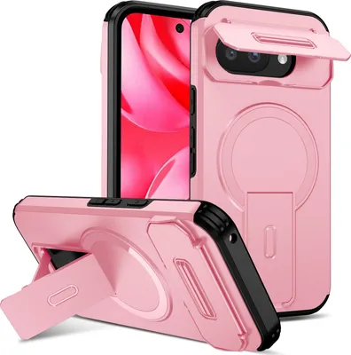 Obrázek produktu pro Magnetické pouzdro pro Google Pixel 9A, dvouvrstvé odolné pouzdro s posuvnou ochranou fotoaparátu a nastavitelným stojánkem Růžová