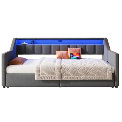 Produktbild von Merax Tagesbett 90x200 cm, Schlafsofa mit Ausziehbett und 2 Schubladen, LED-Leiste, USB & Type-C, Aufbewahrungstaschen, Leinen Daybett, Grau