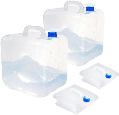 Produktbild von Unyqoos® 2er-Set faltbare Wasserkanister 10 L & 20 L, transparentes lebensmittelechtes PVC, Auslaufhahn mit Ein-Knopf, Tragehaken, 3 cm faltbar, -20°C bis 50°C