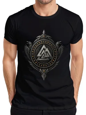 Zdjęcie produktu dla T-shirt "Wikingowie: Valknut, Kruki, Hugin, Munin, Runy, Walhalla, Odin, Germanie", czarny, rozmiar L