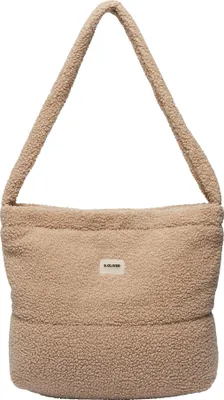 A fluffy brown shoulder bag is shown against a white background.
