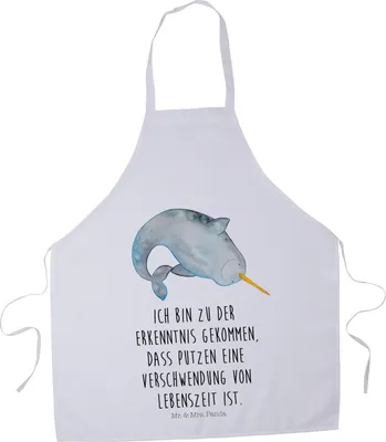 Produktbild von Mr. & Mrs. Panda Backschürze Narwal - Weiß - Geschenk, Kochschürze, Aufräumen, Schürze, Vorbinder, Kinderzimmer, Hausfrau, Meer, Wal, Arbeitsschürze, Küchenzubehör