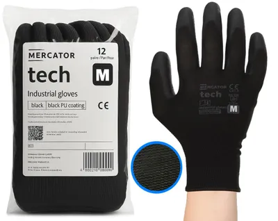 Produktbild von MERCATOR Tech Schwarze PolyurethanArbeitshandschuhe - Größe M - 12 Paar