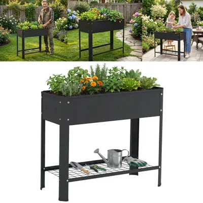 Produktbild von TRMLBE Hochbeet Pflanzkasten Schwarz, verzinktes Stahlblech mit Stauraum & Rollen Garten Terrasse Balkon 80×35×80cm, ohne Rollen