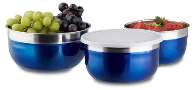 Obrázok produktu pre TRANKIELO® - Súprava 3 misiek s pokrievkami - Nerezové misky v modrej farbe, vhodné do kuchyne a na kemping