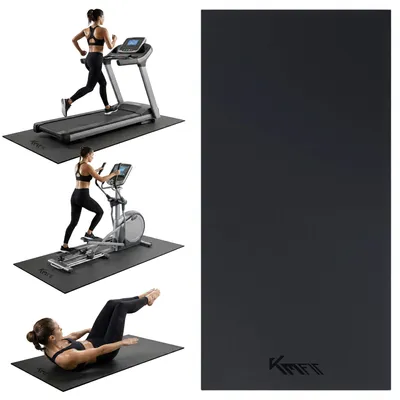 A collage of three images showing people using fitness equipment on mats, with a separate image of a black mat.