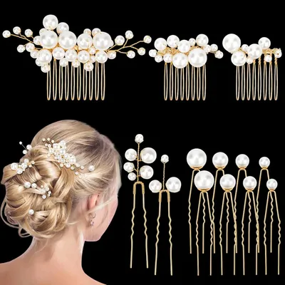 Produktbild von 13 Stück Hochzeit Haarschmuck, Perlen Braut Haarnadeln Gold Brautschmuck Haare U-förmig Hochzeit Haarspangen für Frauen Mädchen