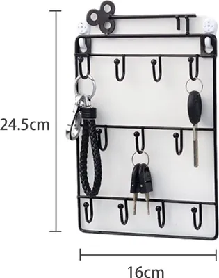 A black metal key holder with 11 hooks mounted on a white background. Dimensions are shown on the left and bottom of the image.