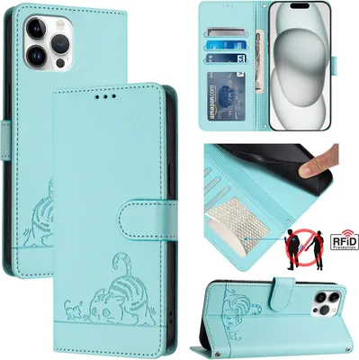 Produktbild von Leder Hülle für iPhone 12 Pro Max Süße Katze Flip Case Brieftasche Schutzhülle mit Standfunktion hellgrün