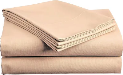 A stack of folded beige bed sheets.