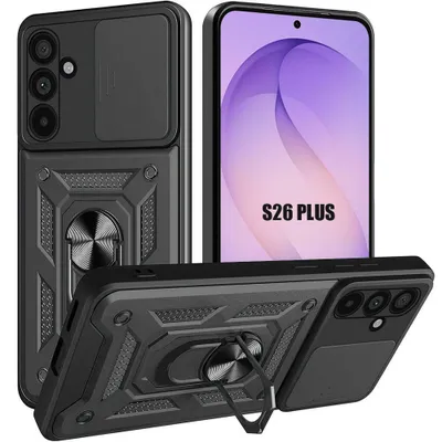 Image de Coque pour Samsung Galaxy S26 Plus, Rigide avec Anneau et Protection Objectif Coulissante - Noir