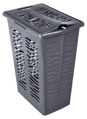 A gray laundry basket with a lid.