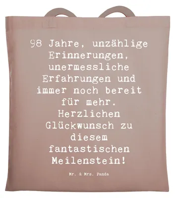 Produktbild von Mr. & Mrs. Panda Uni Tasche Spruch 98. Geburtstag - Braun Pastell - Geschenk, studententasche, Happy Birthday, 98 Jahre, Alter, Feier, Tote Bag, Lebensreise, Schultasche
