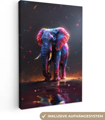 Produktbild von MuchoWow® - Leinwandbilder - Elefant - Farben - Sterne - Tier, Wandbild, Wanddeko Bilder Wohnzimmer, 80x120 cm