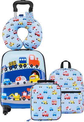Produktbild von Kinderkoffer - 5-teiliges Set mit Kindertrolley - Hartschale - Koffer 45,7 cm - Mit Rucksack, Nackenkissen, Lunchbox & Kofferanhänger - Für Jungen & Mädchen - Motiv Autos