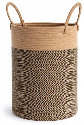 Image de Panier de rangement tressé en coton 50 L, Ø 35 x 50 cm – panier à linge beige et noir avec anses, corbeille à jouets, style bohème