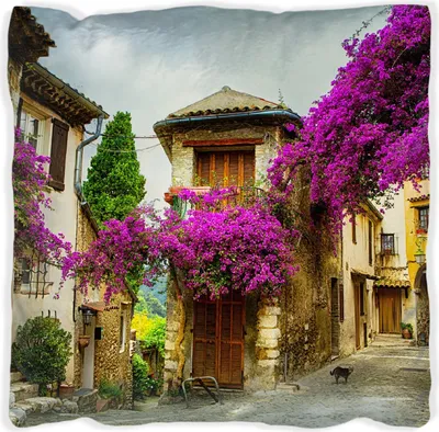 Produktbild von Wallario Premium Kissen, weiche Oberfläche, mit Motiv Malerische Stadt in der Provence mit bunten Blumen, Größe: 30 x 30 cm, mit weißer Rückseite