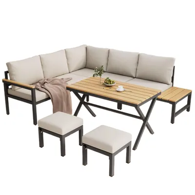 Produktbild von Garten-Essgruppe, Garten-Loungestuhl-Set, 4-teiliges Set. Gartenmöbel-Set, Ecksofa, 2 Hocker, Esstisch,Holz-Tischplatte mit Ablagen,verzinkter Stahl