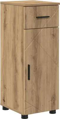 A tall, narrow cabinet with a drawer and a door, made of wood-look material.