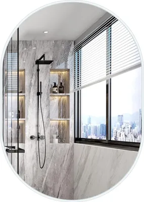 A modern bathroom with a marble-tiled shower and a large window overlooking a city skyline.