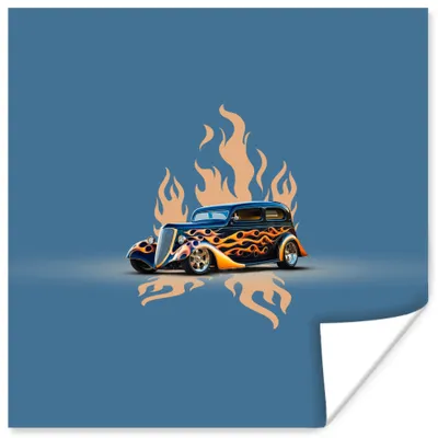 Produktbild von MuchoWow® Poster Auto - Oldtimer - Blau - Flammen 50x50 cm - Wohnzimmerdekoration