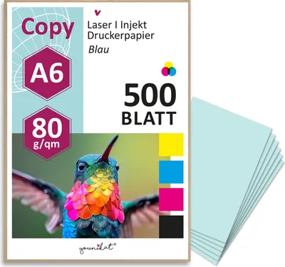 Produktbild von younikat DIN A6 Papier 80 g/m² I 500 Blatt in hell-blau I Kopierpapier Blanko Rezeptpapier I dv1505
