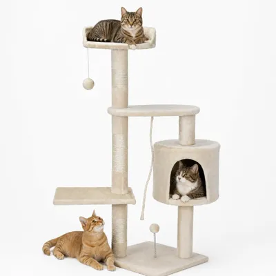 Productafbeelding van Bakaji kraboom voor katten, gemaakt van sisal en voorzien van knuffeldiertjes. Een speelplek voor katten
