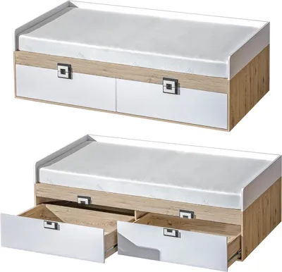 Produktbild von Furniture24 Bett NICO14, Kinderbett, Jugendbett mit 2 Schubkasten und Federkernmatratze 90 x 200 cm Hell Eiche/Weiß/Grau