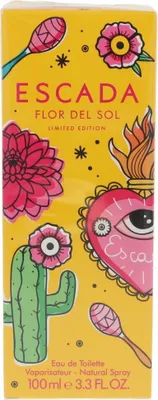 A product box for Escada Flor Del Sol perfume, featuring colorful illustrations of flowers, a cactus, and maracas on a yellow background.