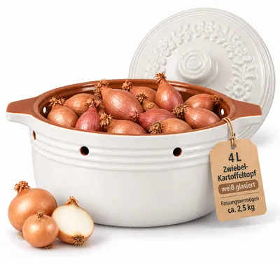 Produktbild von KERAZO 4 Liter Kartoffeltopf rund aus Steingut Keramik mit Deckel, Zwiebeltopf Vorratstopf Gemüsetopf, weiß