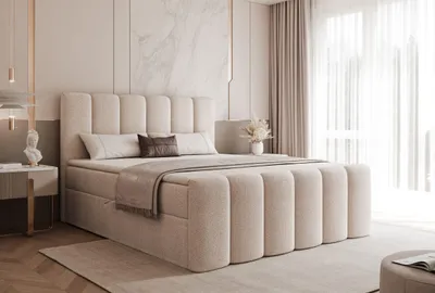 Produktbild von GOLDSTOFF ETERNA Boxspringbett 180x200 cm mit Bettkasten Bonellfederkern & hohem Kopfteil Polsterbett mit Stauraum (Taupe-Beige)