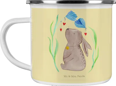 Produktbild von Mr. & Mrs. Panda Emaille Tasse Hase Blume - Gelb Pastell - Geschenk, Teetasse, Ostern, Schwangerschaft, Geburt, Kaninchen, becher, Kindergeburtstag, Geburtstag, Pott