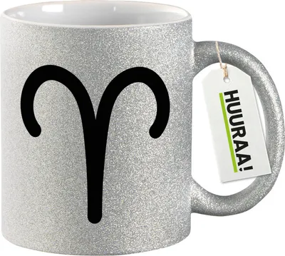 Produktbild von Huuraa Glitzertasse Widder Sternzeichen Zeichen 330ml Silber Keramik Kaffeebecher Geschenkidee