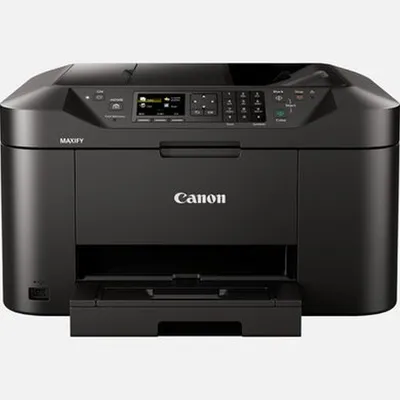 A studio shot of a black Canon MAXIFY MB2150 multifunction printer against a light gray background.