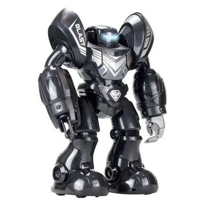 A black robot toy with silver accents is shown against a white background.