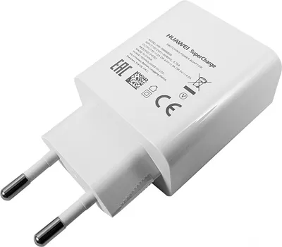 A white Huawei SuperCharge power adapter with European plug pins.