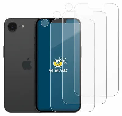 A dark gray smartphone is shown next to three clear screen protectors. The screen protectors are layered on top of each other, with the front one displaying a logo and text.