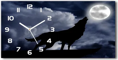 Produktbild von Wanduhr aus Glas – 60x30 cm - Glasbild - Glasuhr - Gehärtetes Glas - weisse-zeiger - Howling Wolf Vollmond